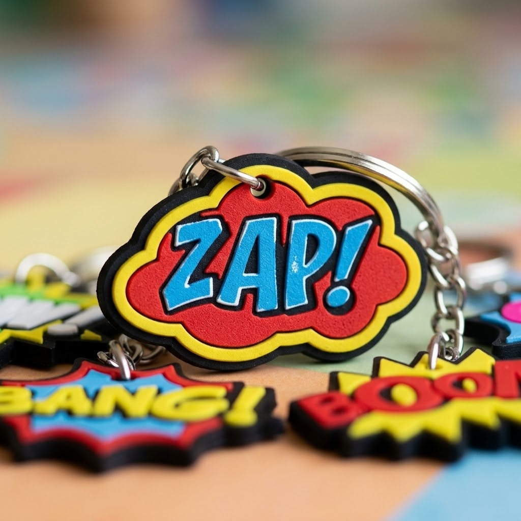 Comic Style Keychain Superhero Key Ring - close-up