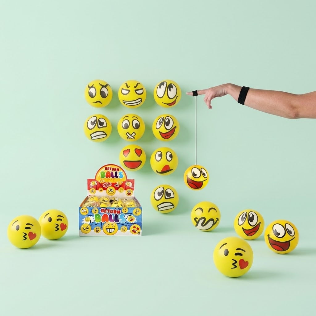Smiley Face Finger Ball on Elastic Return Ball 6 cm - studio photo