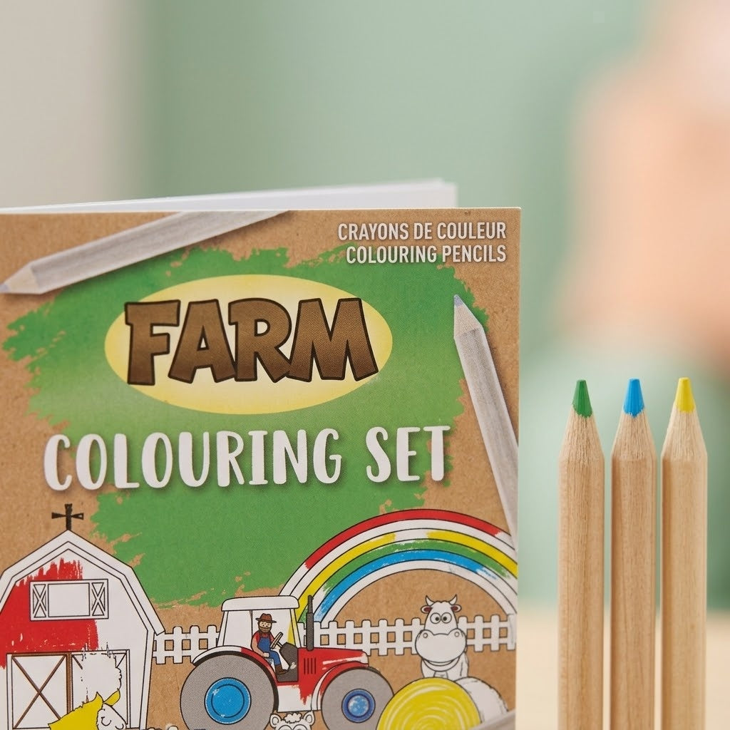 Farm Colouring Kraft Pouch 6 Sheets 4 Pencils - close-up