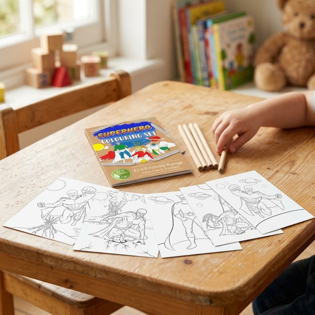 Superhero Colouring Kraft Pouch 6 Sheets 4 Pencils - lifestyle photo