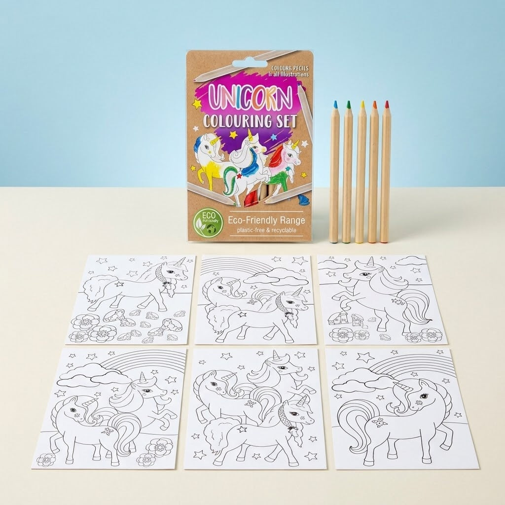 Unicorn Colouring Kraft Pouch 6 Sheets 4 Pencils - studio photo