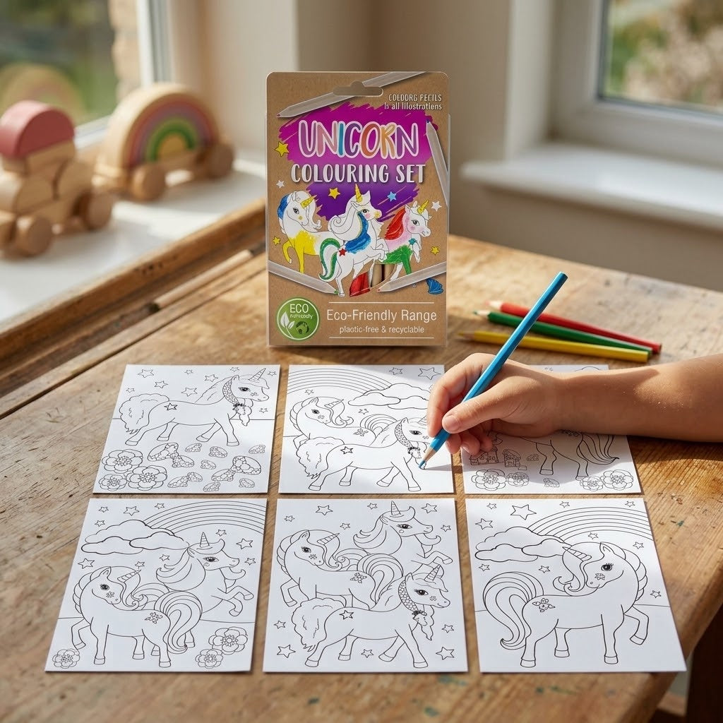 Unicorn Colouring Kraft Pouch 6 Sheets 4 Pencils - lifestyle photo