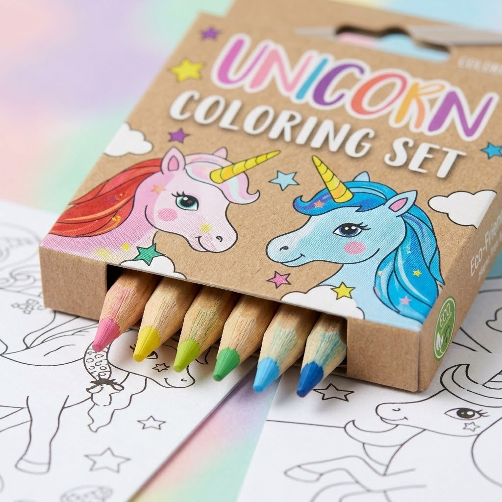 Unicorn Colouring Kraft Pouch 6 Sheets 4 Pencils - close-up