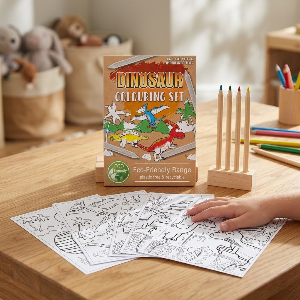 Dinosaur Colouring Kraft Pouch 6 Sheets 4 Pencils - lifestyle photo