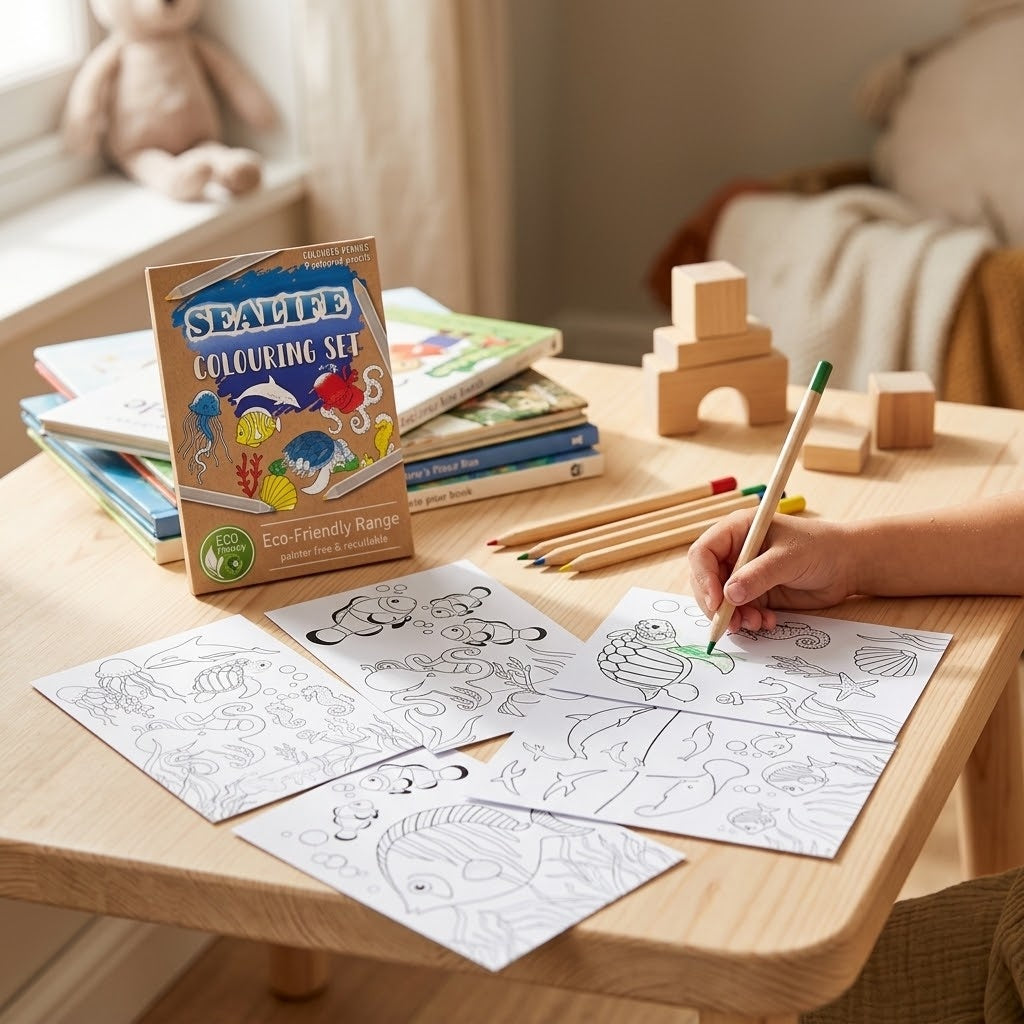 Ocean Colouring Kraft Pouch 6 Sheets 4 Pencils - lifestyle photo