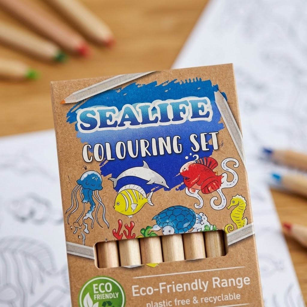Ocean Colouring Kraft Pouch 6 Sheets 4 Pencils - close-up