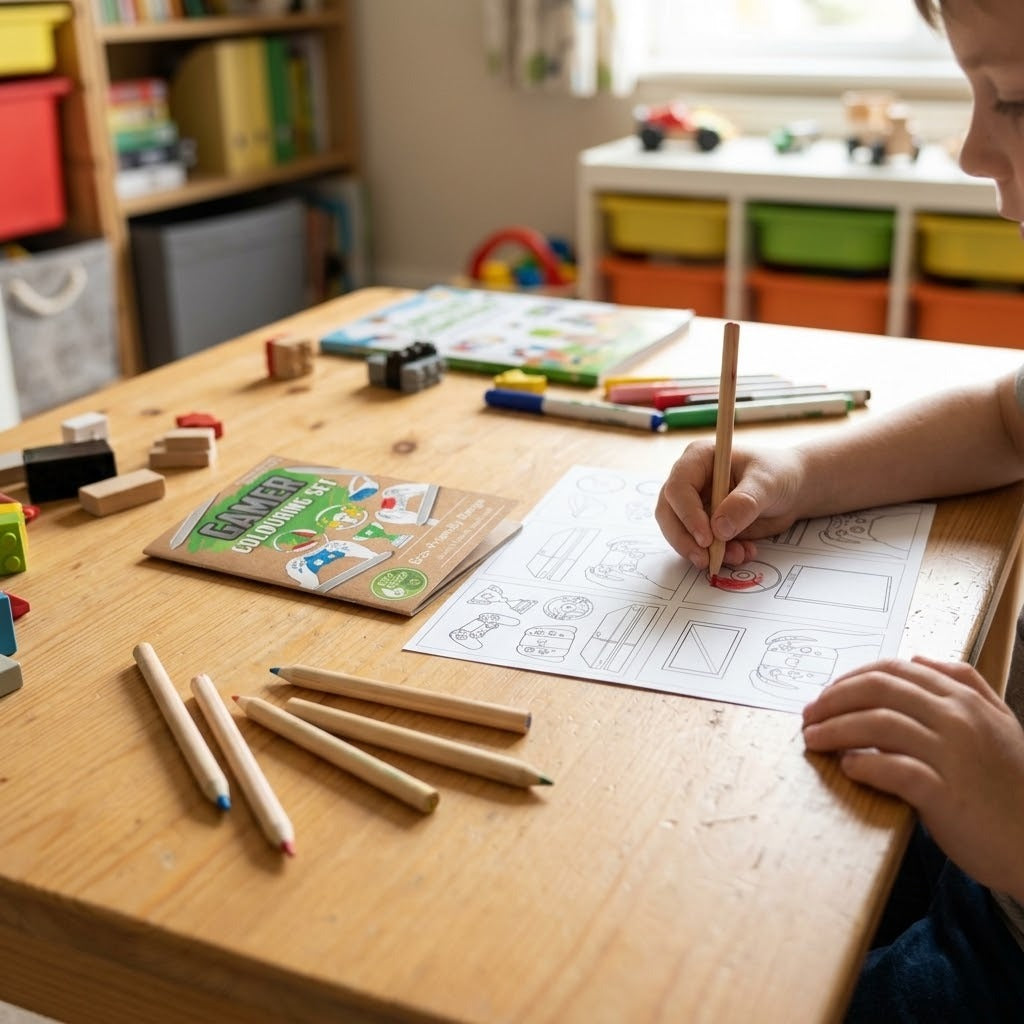 Gamer Colouring Kraft Pouch 6 Sheets 4 Pencils - lifestyle photo