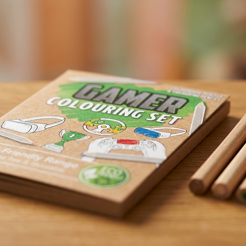 Gamer Colouring Kraft Pouch 6 Sheets 4 Pencils - close-up