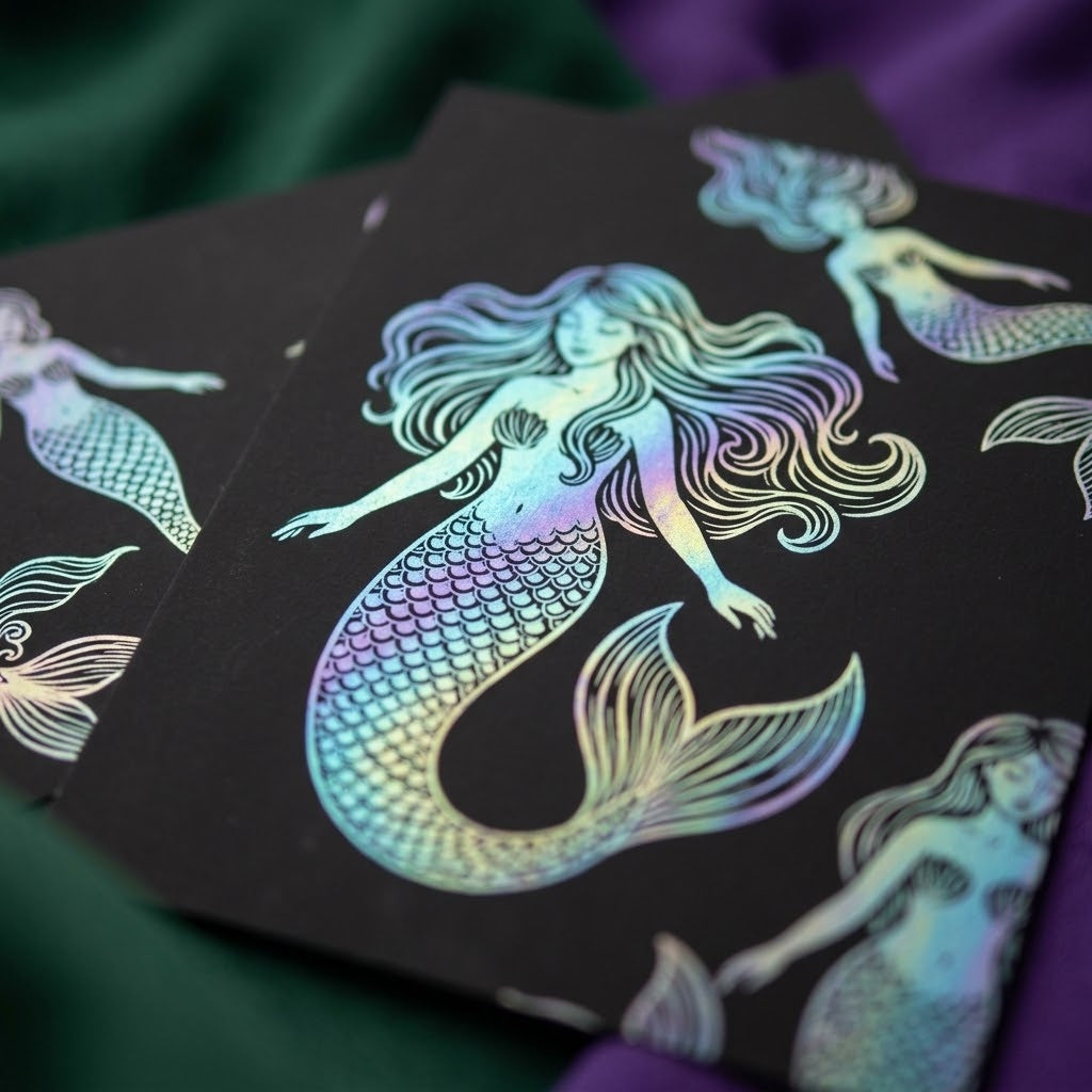 Mermaid Scratch Art Kit Kraft Pouch with Stencil - close-up
