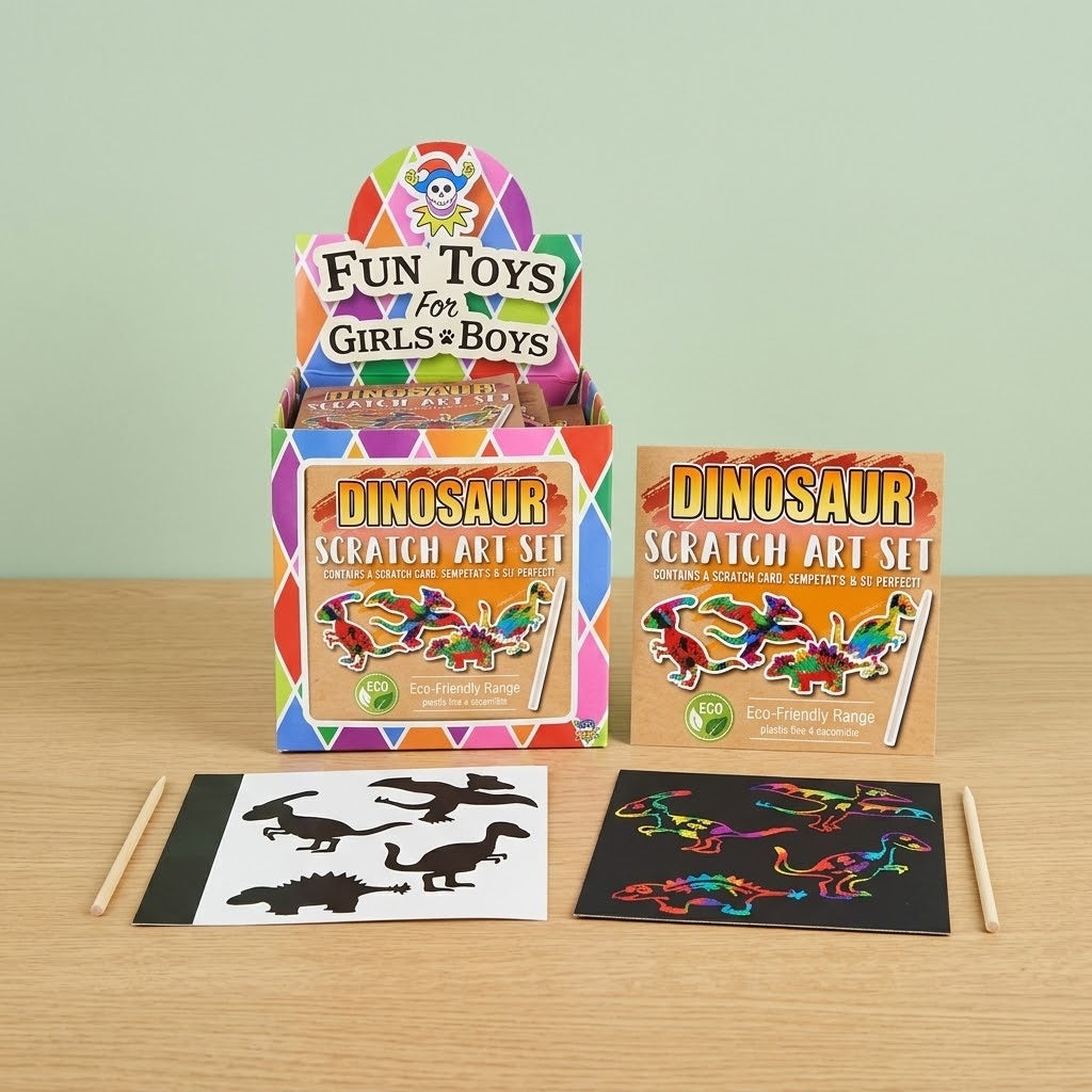 Dinosaur Scratch Art Kit Kraft Pouch with Stencil - studio photo