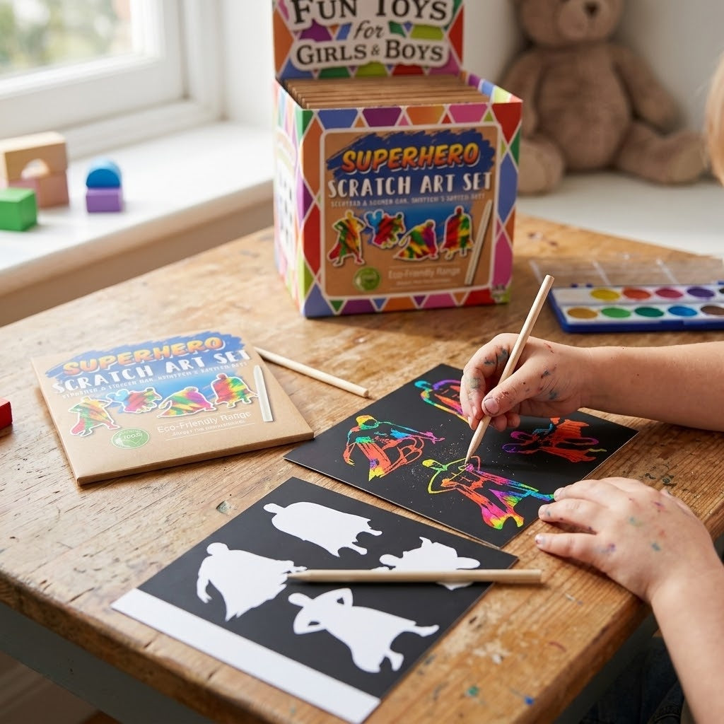 Superhero Scratch Art Kit Kraft Pouch with Stencil - lifestyle photo