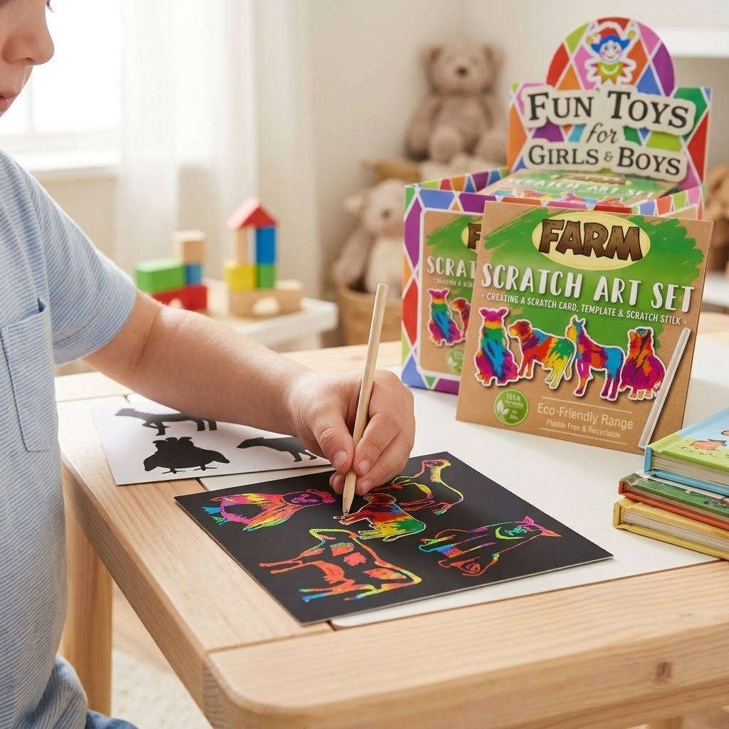 Farm Animals Scratch Art Kit Kraft Pouch with Stencil - lifestyle photo