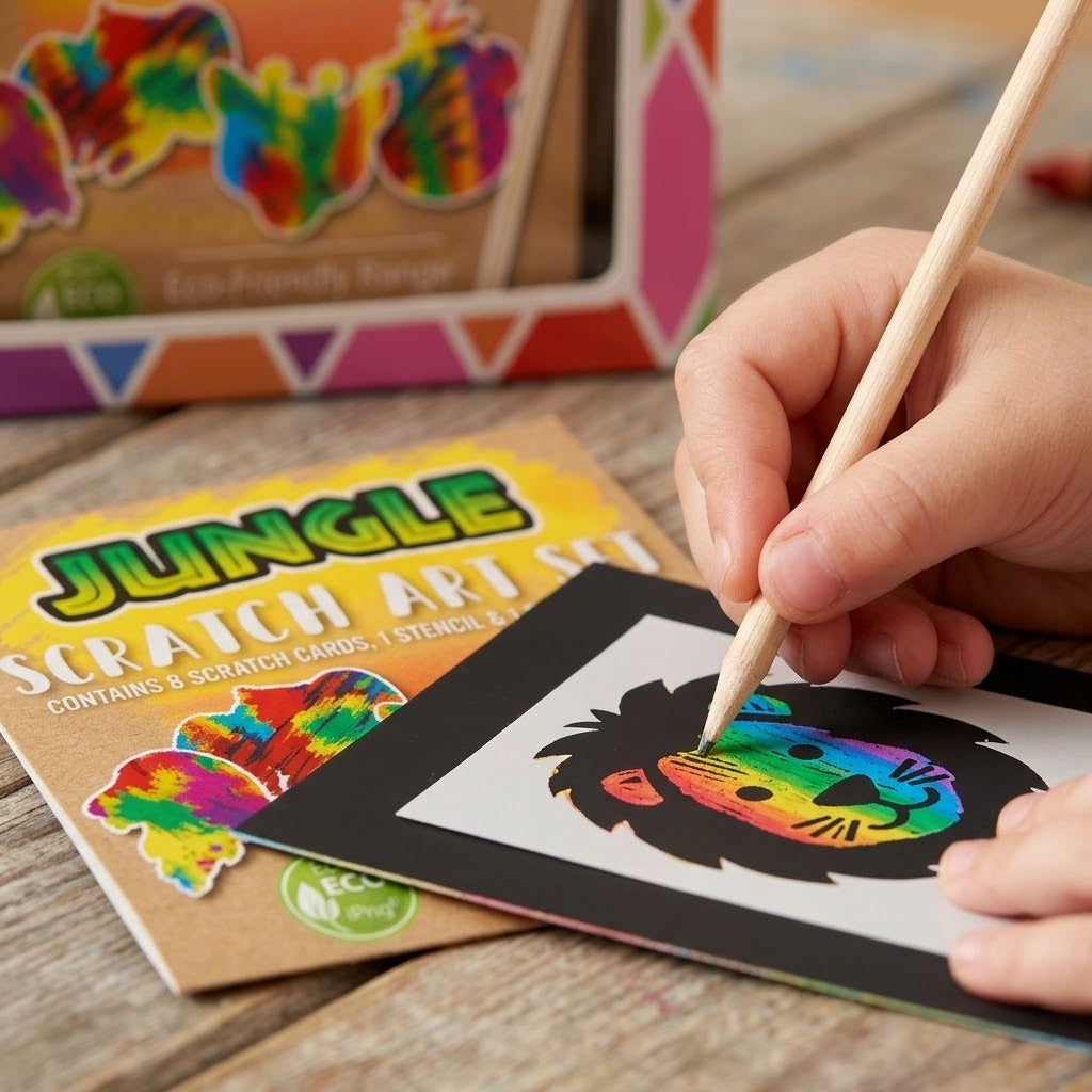 Jungle Animals Scratch Art Kit Kraft Pouch with Stencil - close-up