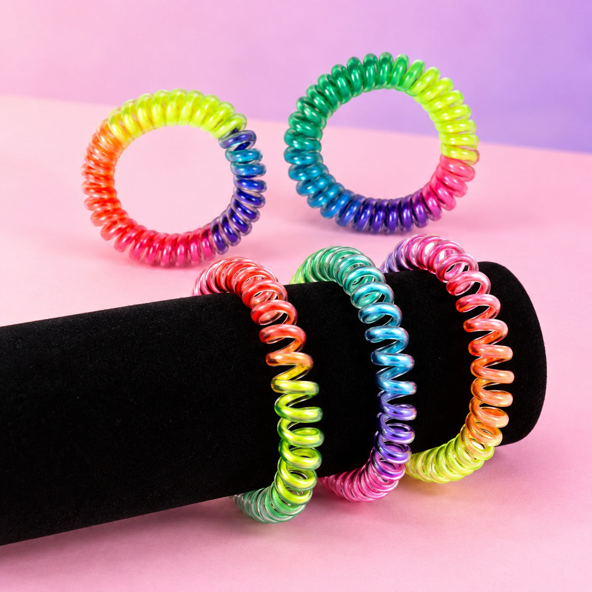 Rainbow Spiral Coil Bracelet Hair Tie - studio photo