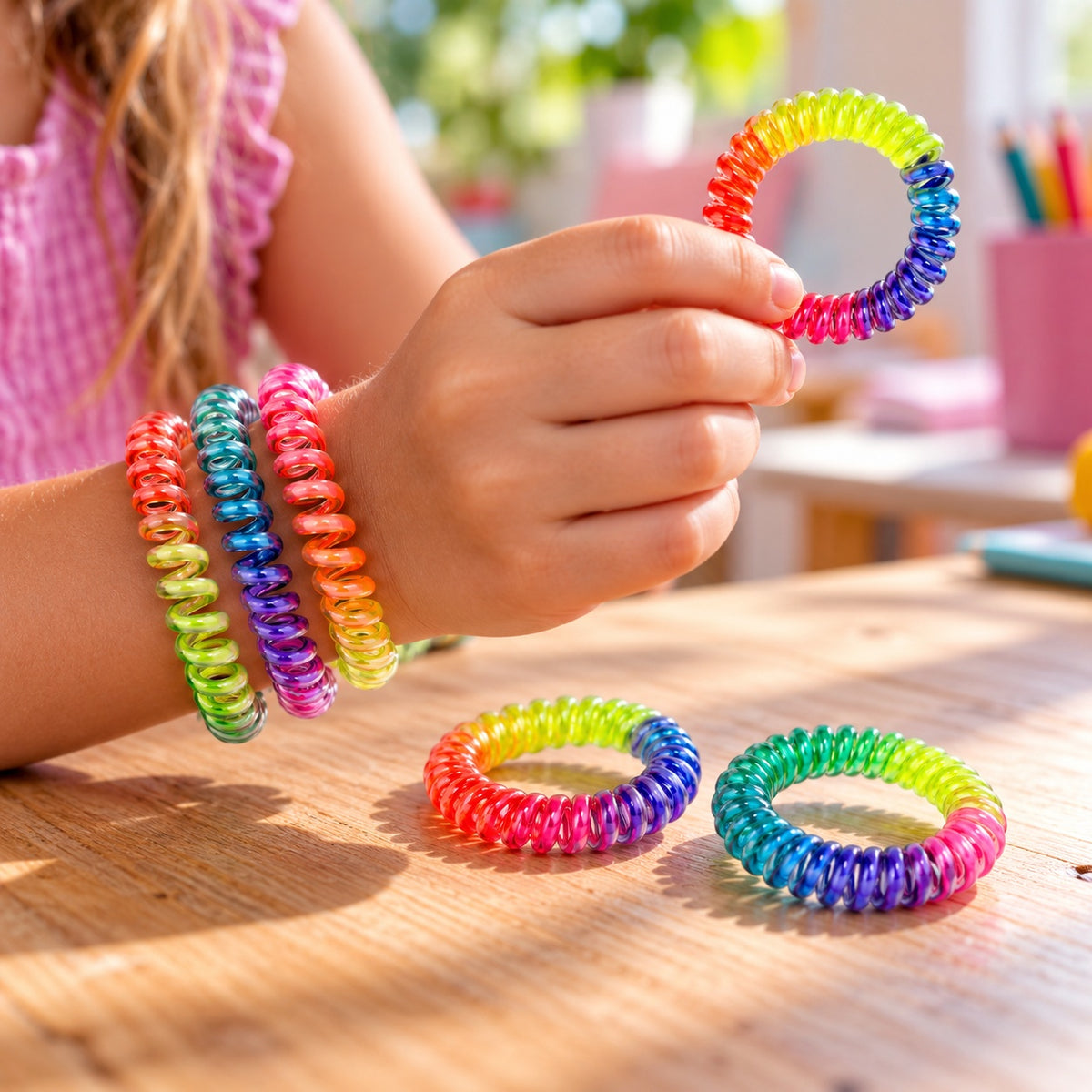 Rainbow Spiral Coil Bracelet Hair Tie - lifestyle photo