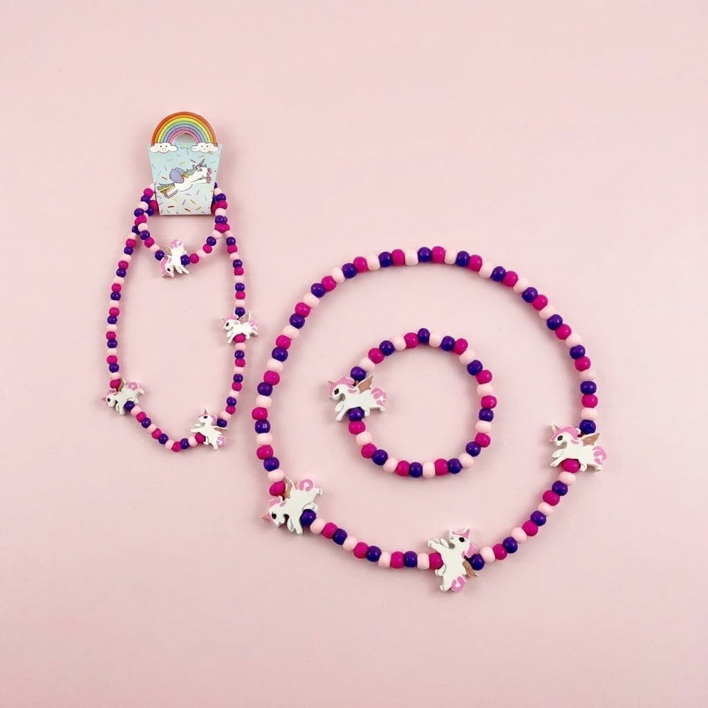 Wooden Unicorn Bracelet and Necklace Jewellery Set - studio photo