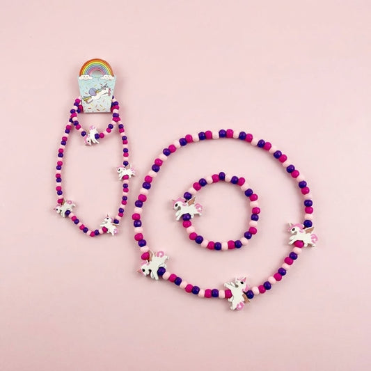 Wooden Unicorn Bracelet and Necklace Jewellery Set - studio photo