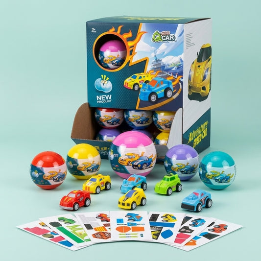 Pull Back Race Car 4 cm in Capsule with Stickers - studio photo
