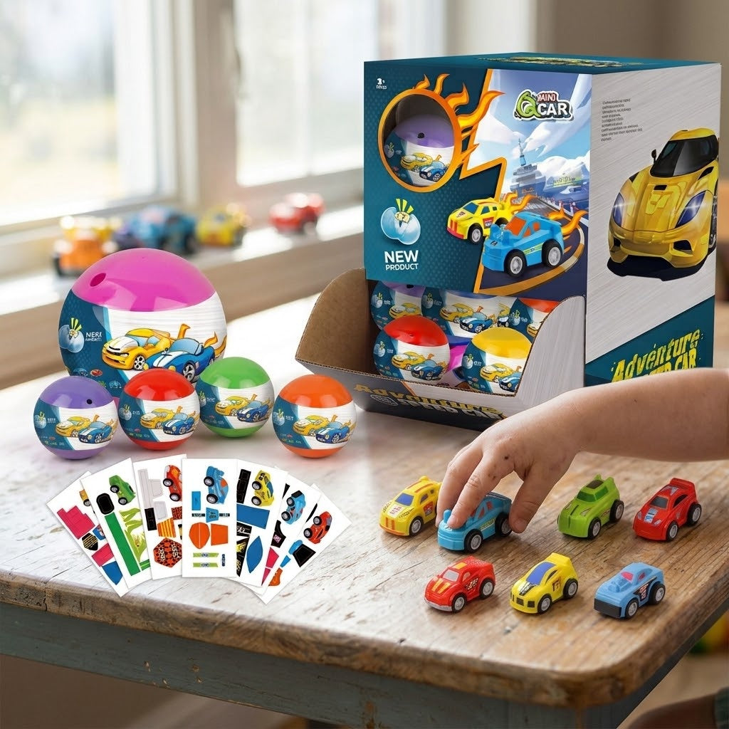 Pull Back Race Car 4 cm in Capsule with Stickers - lifestyle photo