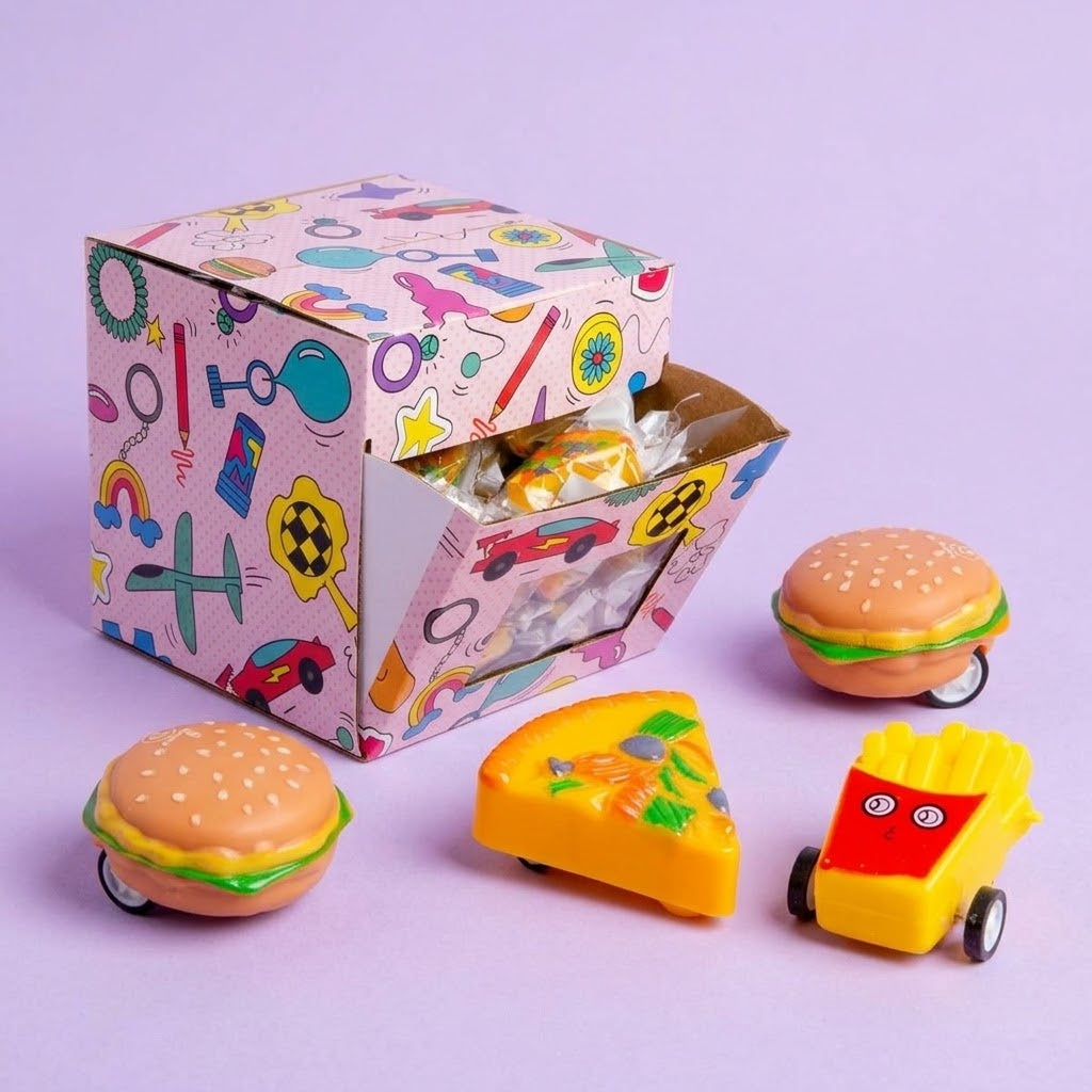 Pull Back Burger Fries Pizza Food Toy 4 cm - studio photo