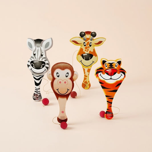 Wooden Paddle Ball Jungle Animals 23 cm - studio photo
