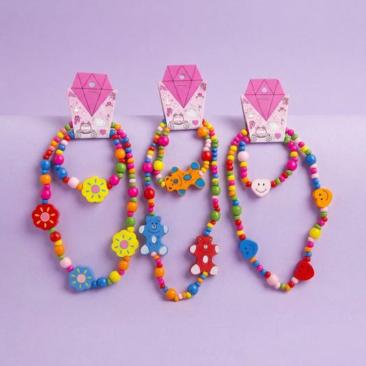 Wooden Bracelet and Necklace Flowers Bears Hearts - studio photo