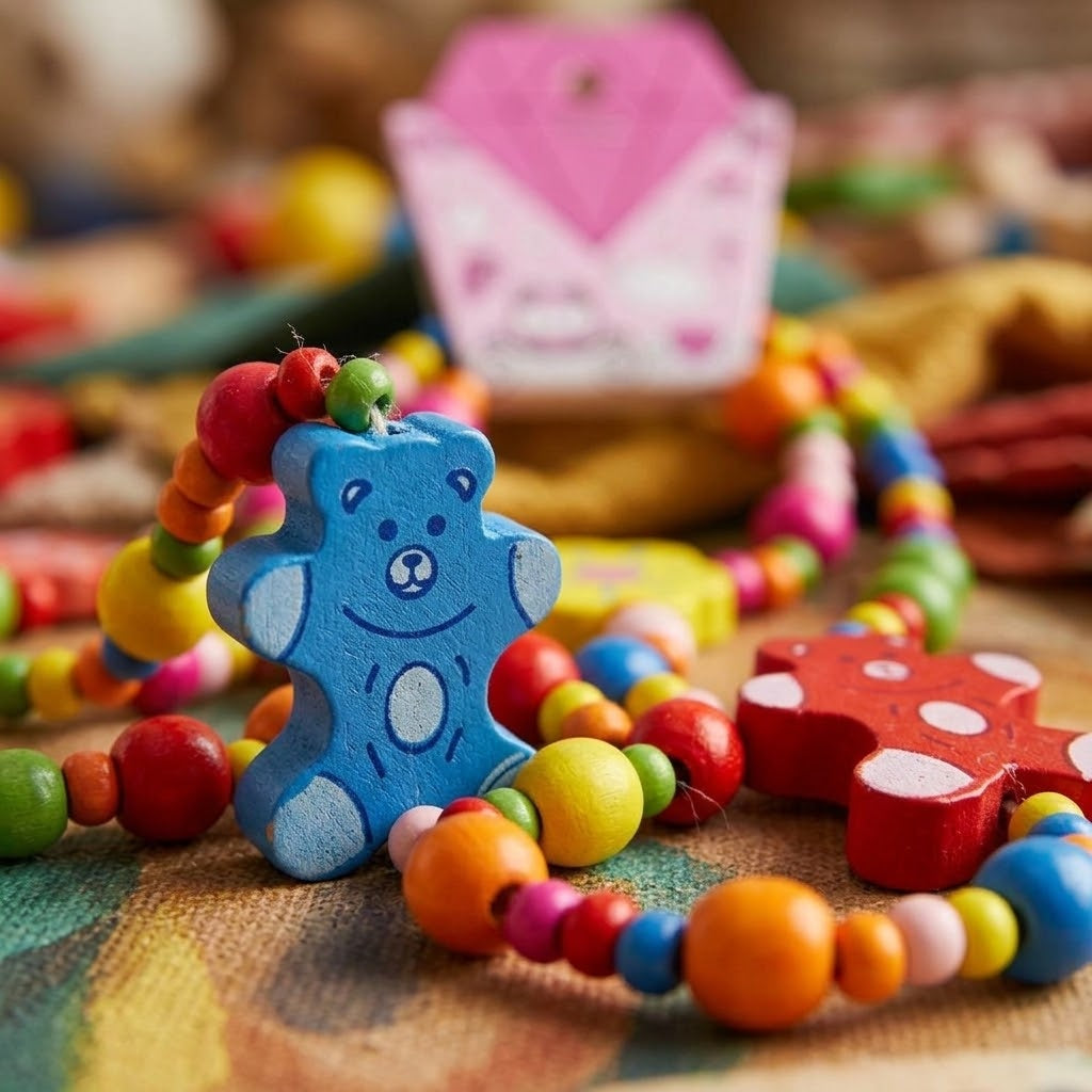 Wooden Bracelet and Necklace Flowers Bears Hearts - close-up