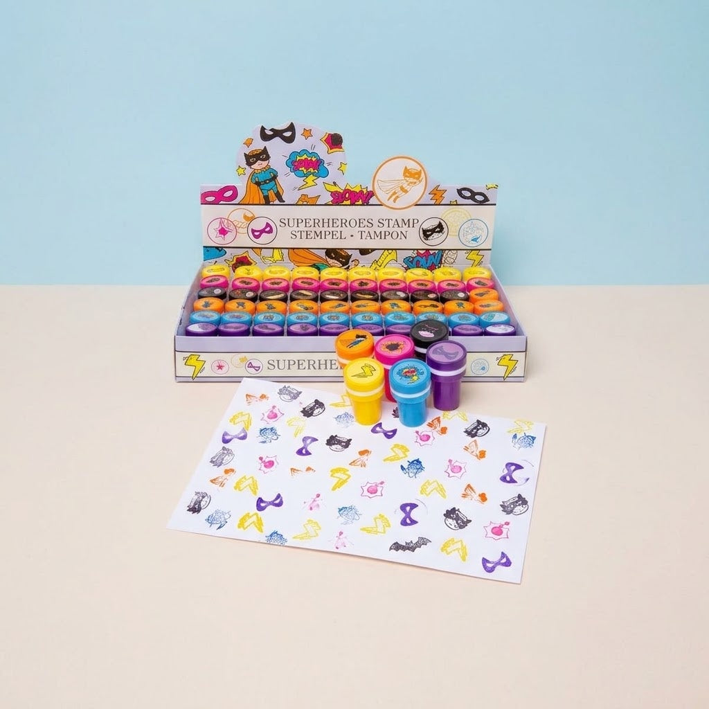 Superhero Stamp Kids Stamper Party Favours - studio photo
