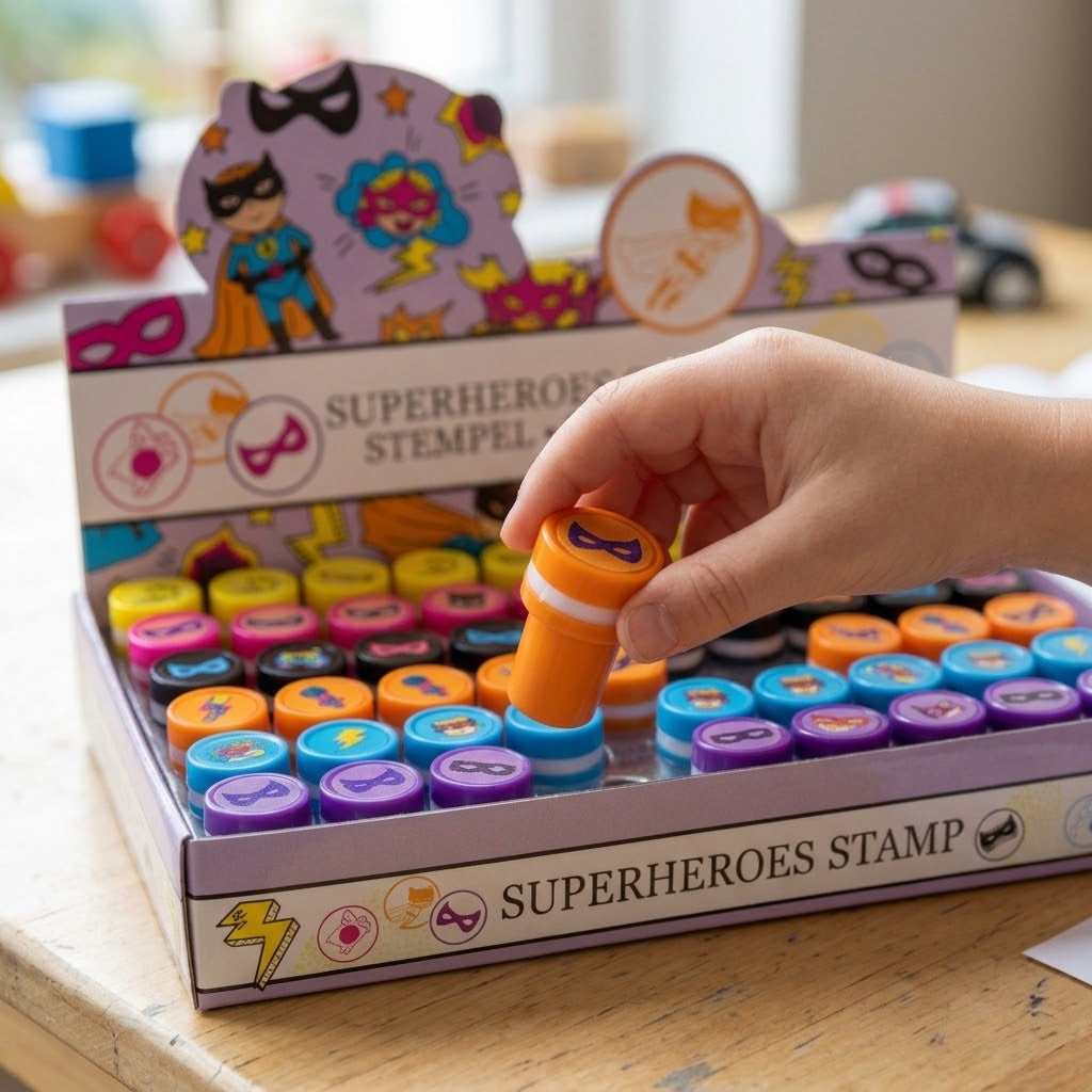 Superhero Stamp Kids Stamper Party Favours - close-up