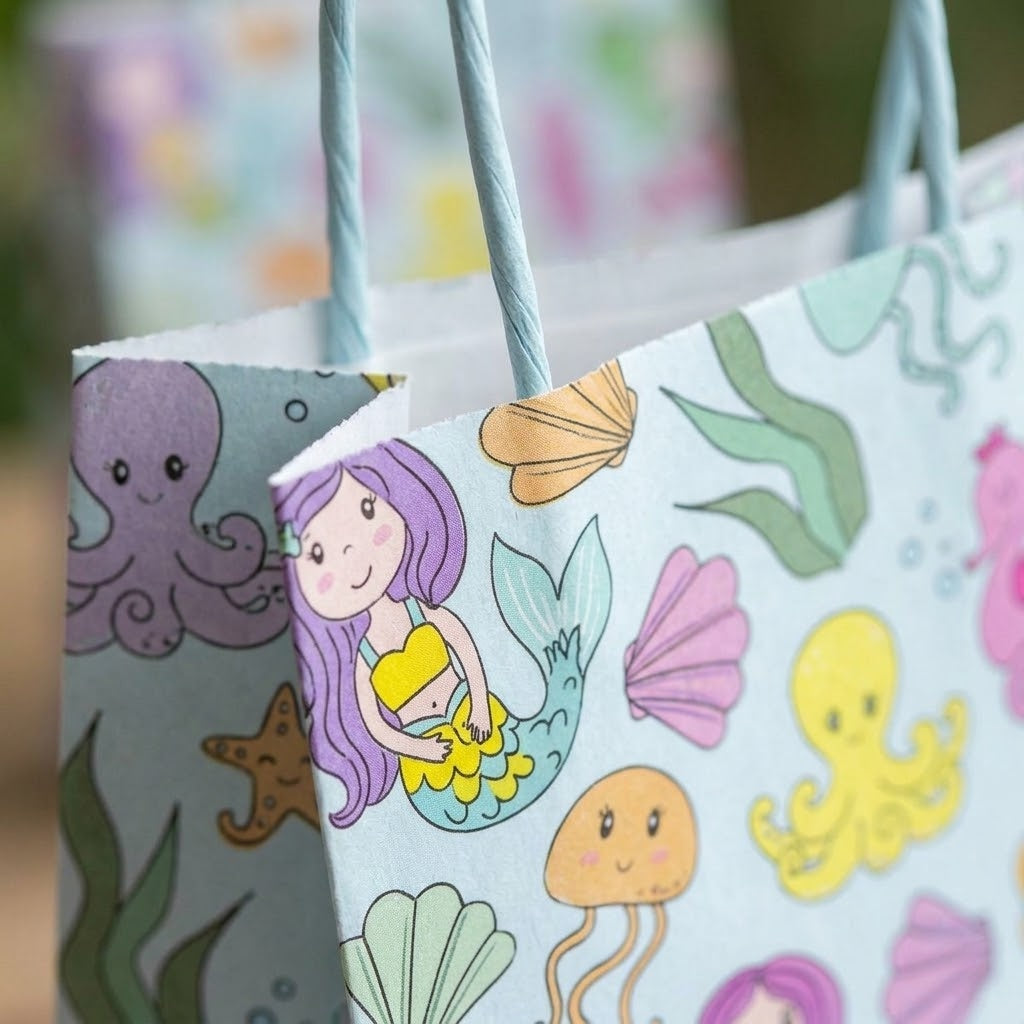 Mermaid Paper Party Bags with Handles 21 x 14 x 7 cm - close-up