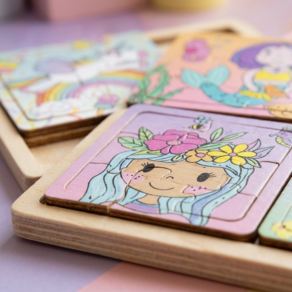 Wooden Jigsaw Puzzle 9 Pieces 15 x 15 cm for Girls - close-up
