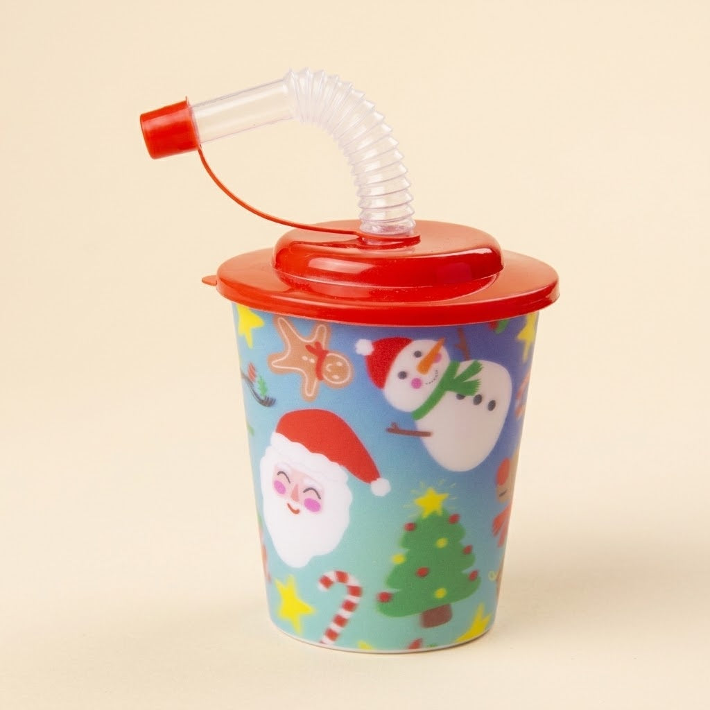 Christmas Cup with Lid and Straw Kids Party Cup - studio photo