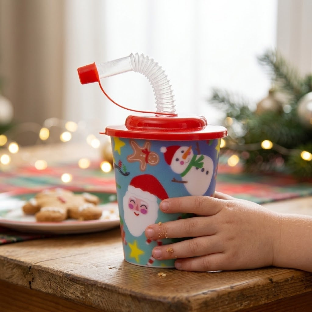 Christmas Cup with Lid and Straw Kids Party Cup - lifestyle photo