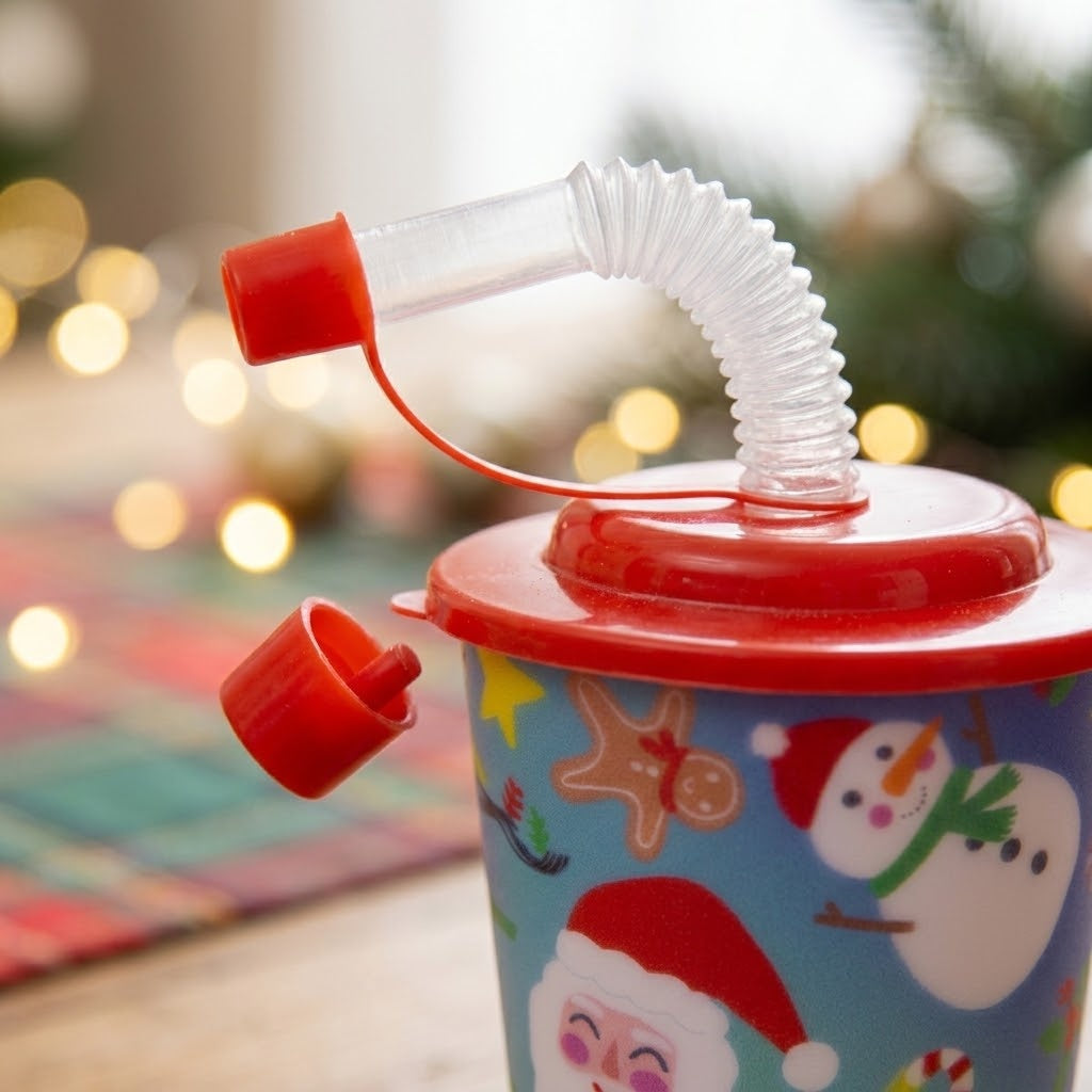Christmas Cup with Lid and Straw Kids Party Cup - close-up