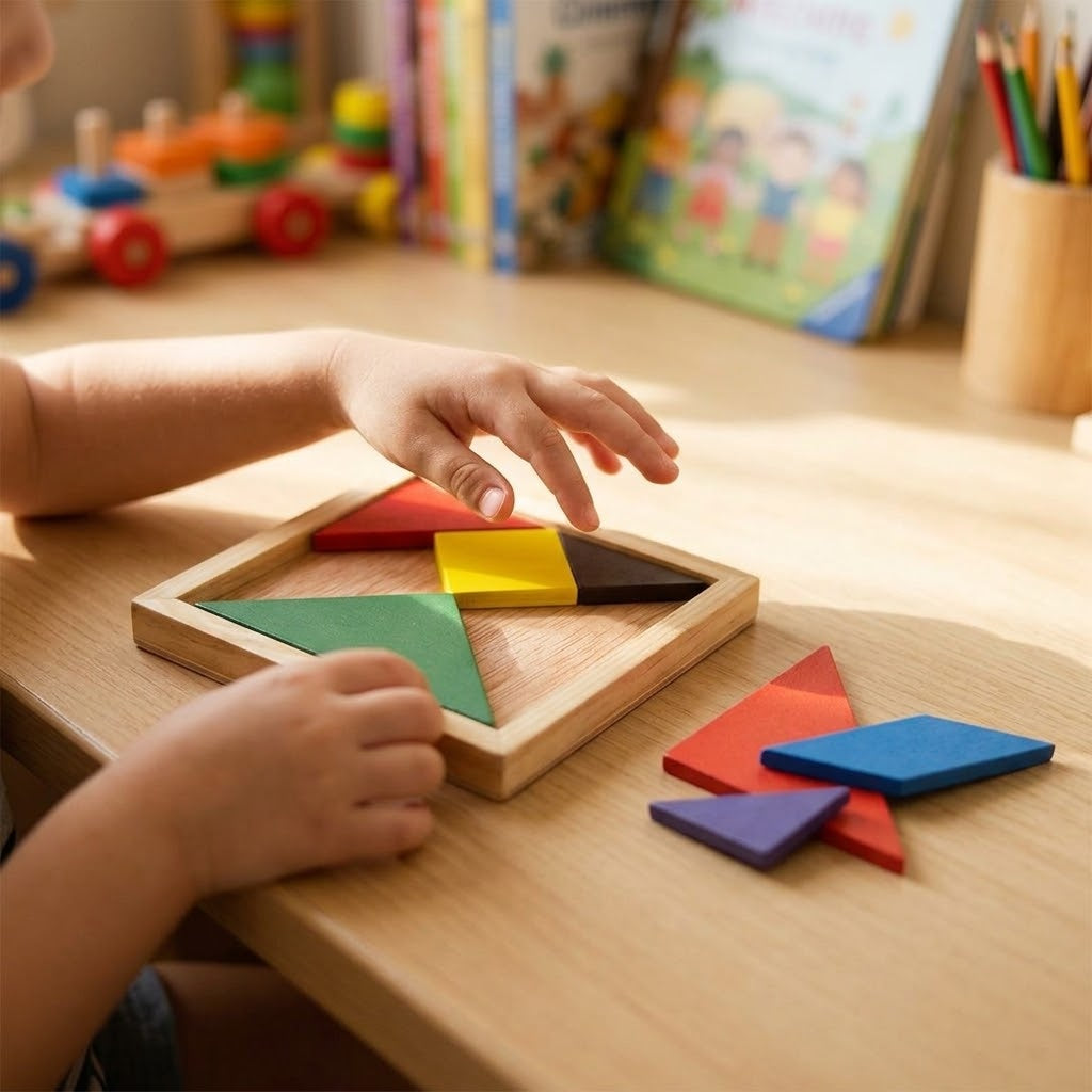 Wooden Tangram Puzzle 12 x 12 cm 7 Shapes - lifestyle photo