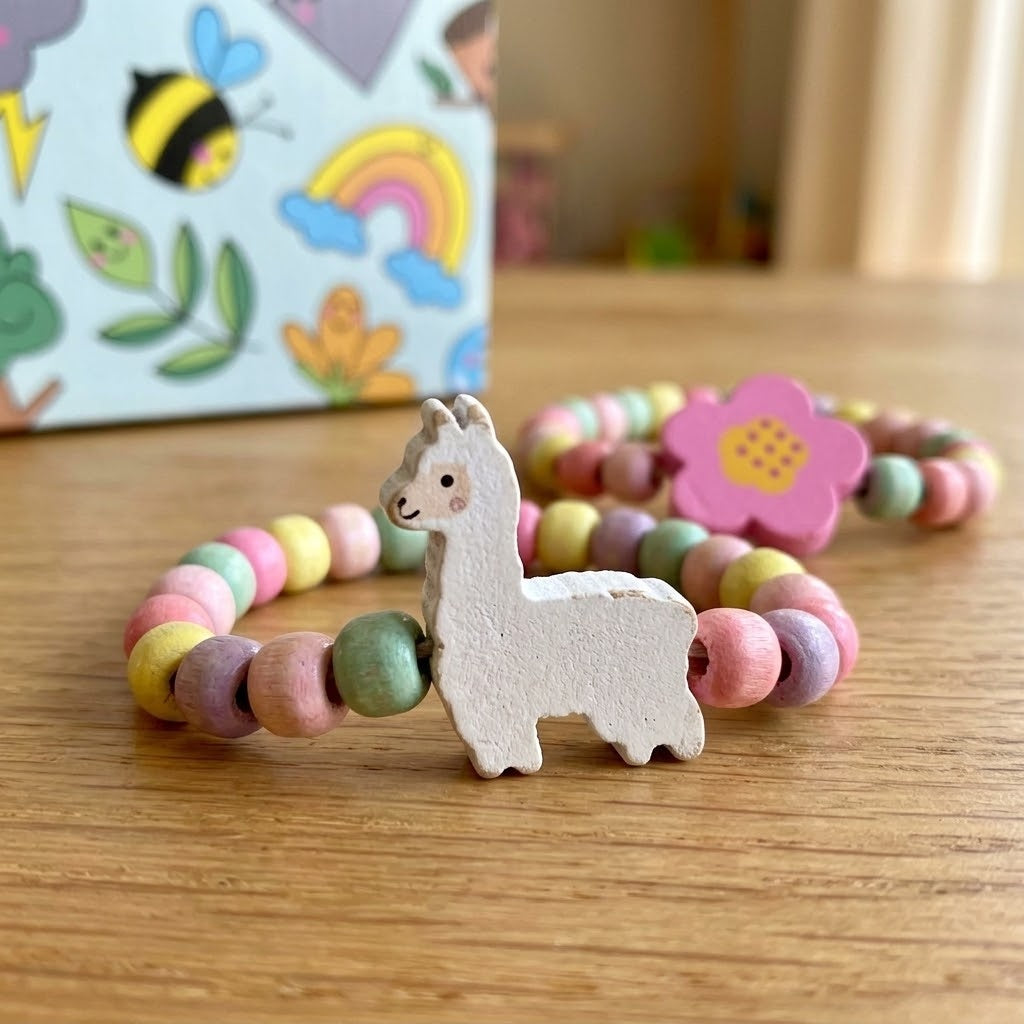 Wooden Bead Bracelet with Wooden Figurine Charm - close-up