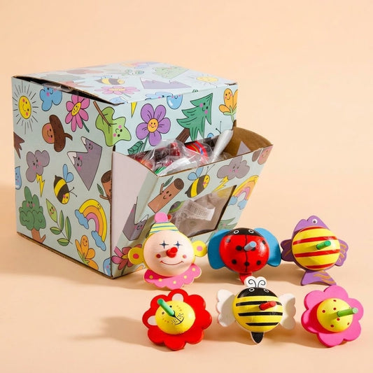 Wooden Spinning Top Flower, Animal or Clown 6 cm - studio photo
