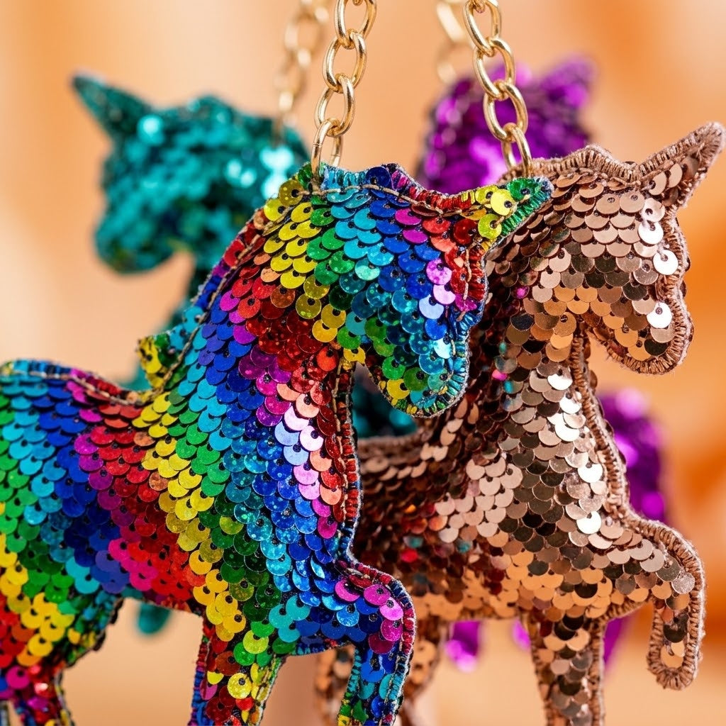 Sequin Unicorn Keychain Sparkly Bag Charm - close-up