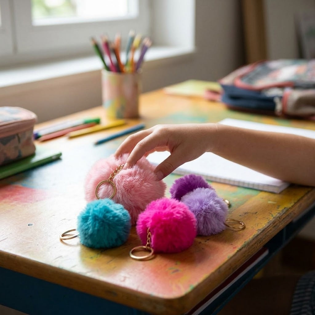 Fluffy Pompom Ball Keychain Small 3.5 cm - lifestyle photo