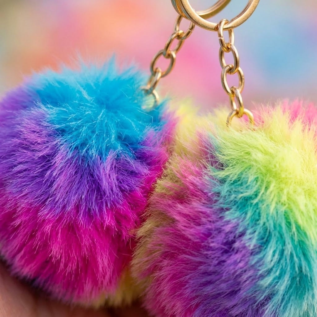 Fluffy Pompom Ball Keychain Large 8 cm - close-up