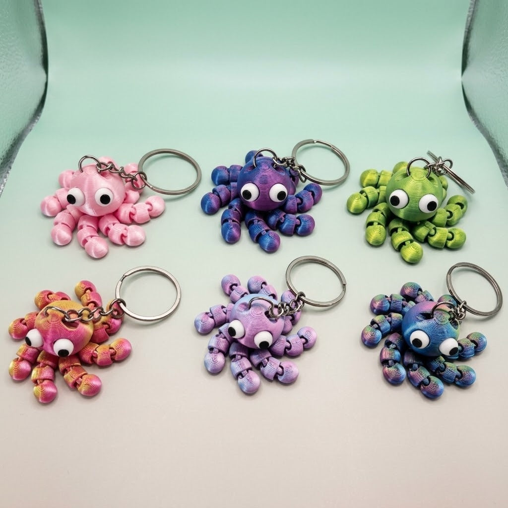 3D Printed Articulated Octopus Keyring, 6 cm - studio photo