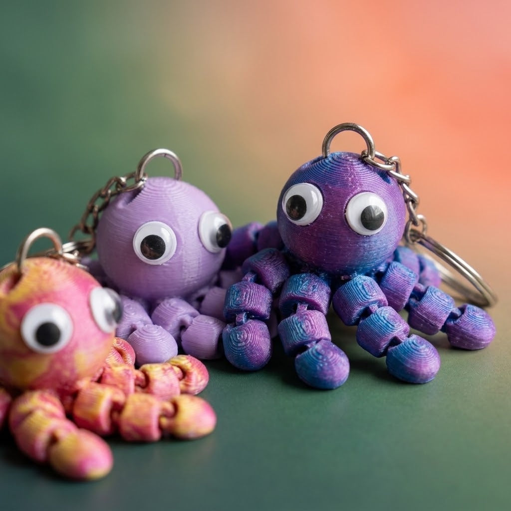 3D Printed Articulated Octopus Keyring, 6 cm - close-up