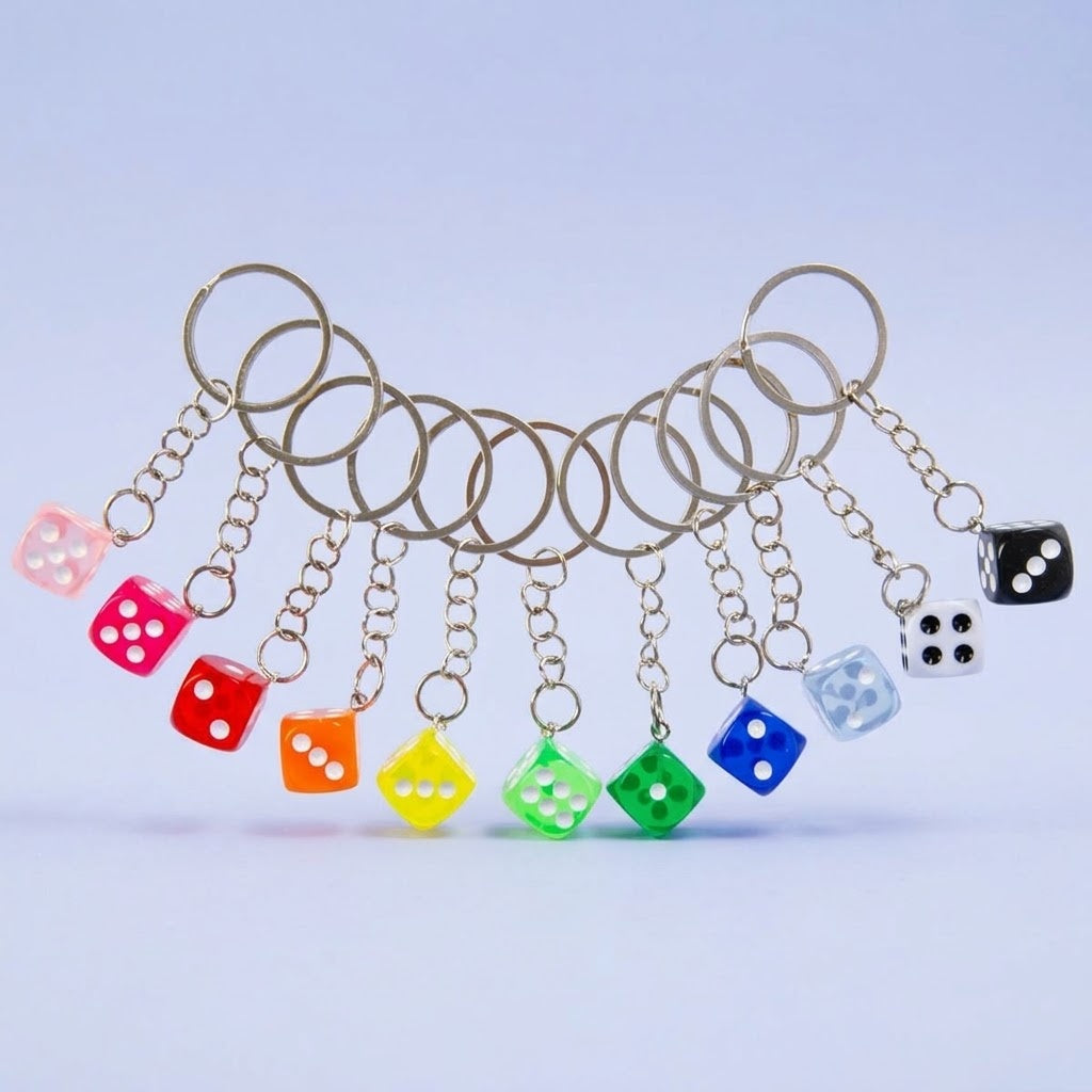 Dice Keychain Acrylic Die Keyring Assorted Colours - studio photo