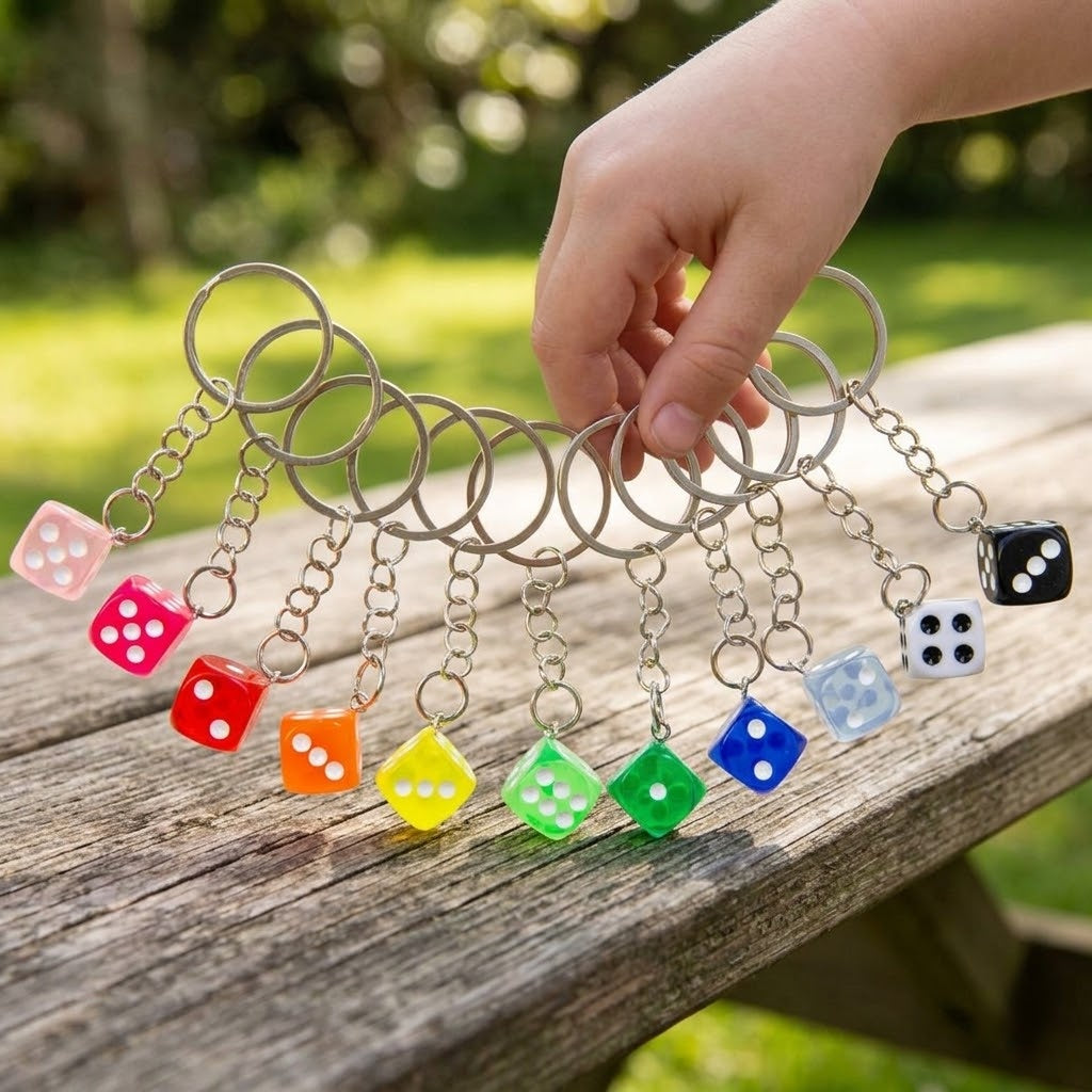 Dice Keychain Acrylic Die Keyring Assorted Colours - lifestyle photo