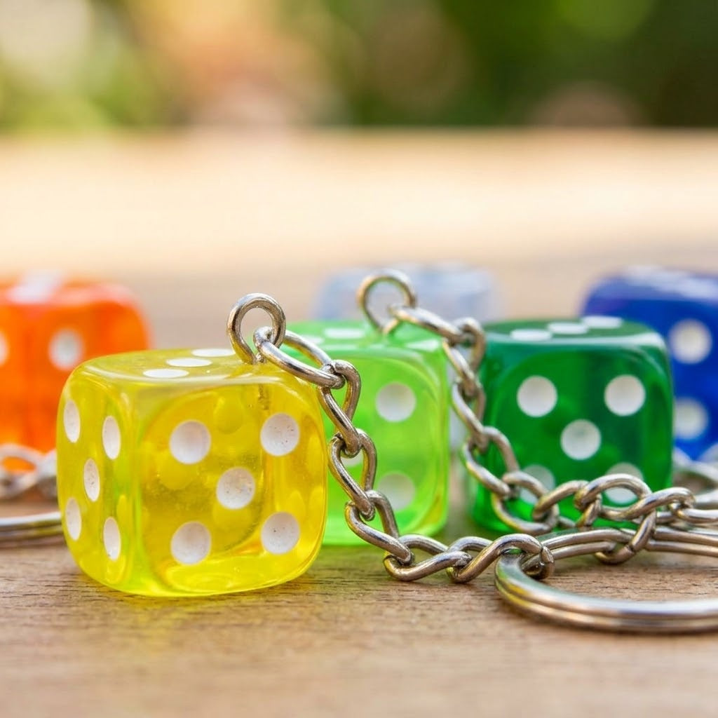 Dice Keychain Acrylic Die Keyring Assorted Colours - close-up