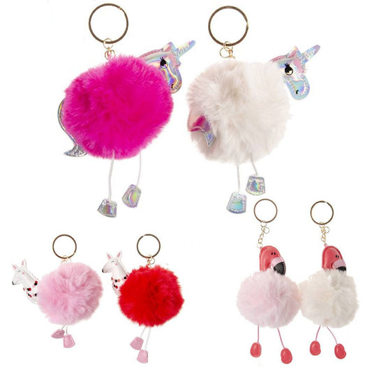Fluffy Ball Keychain Unicorn / Pink Flamingo / Llama