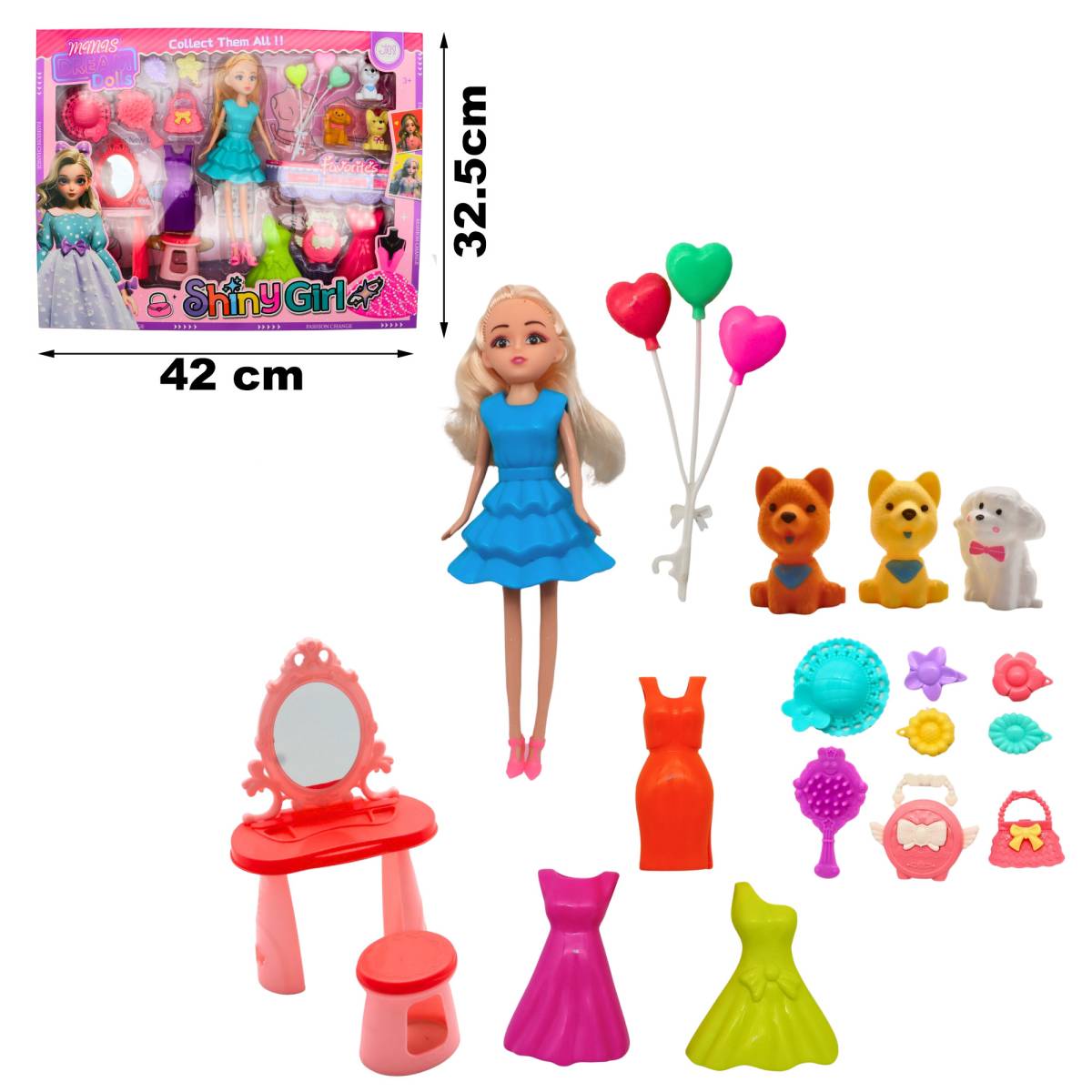 22 cm Doll + 13 Accessories + 3 Dogs
