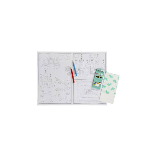 Pack: 100 “Unicorn” Coloring Place Mats + 48 Boxes 6 Pencils + 100 Paper Napkins